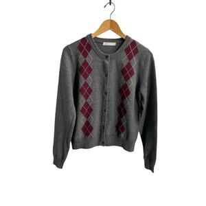 Oak + Fort Argyle Intarsia  Button Front Cardigan Dark Gray-Maroon Size Medium